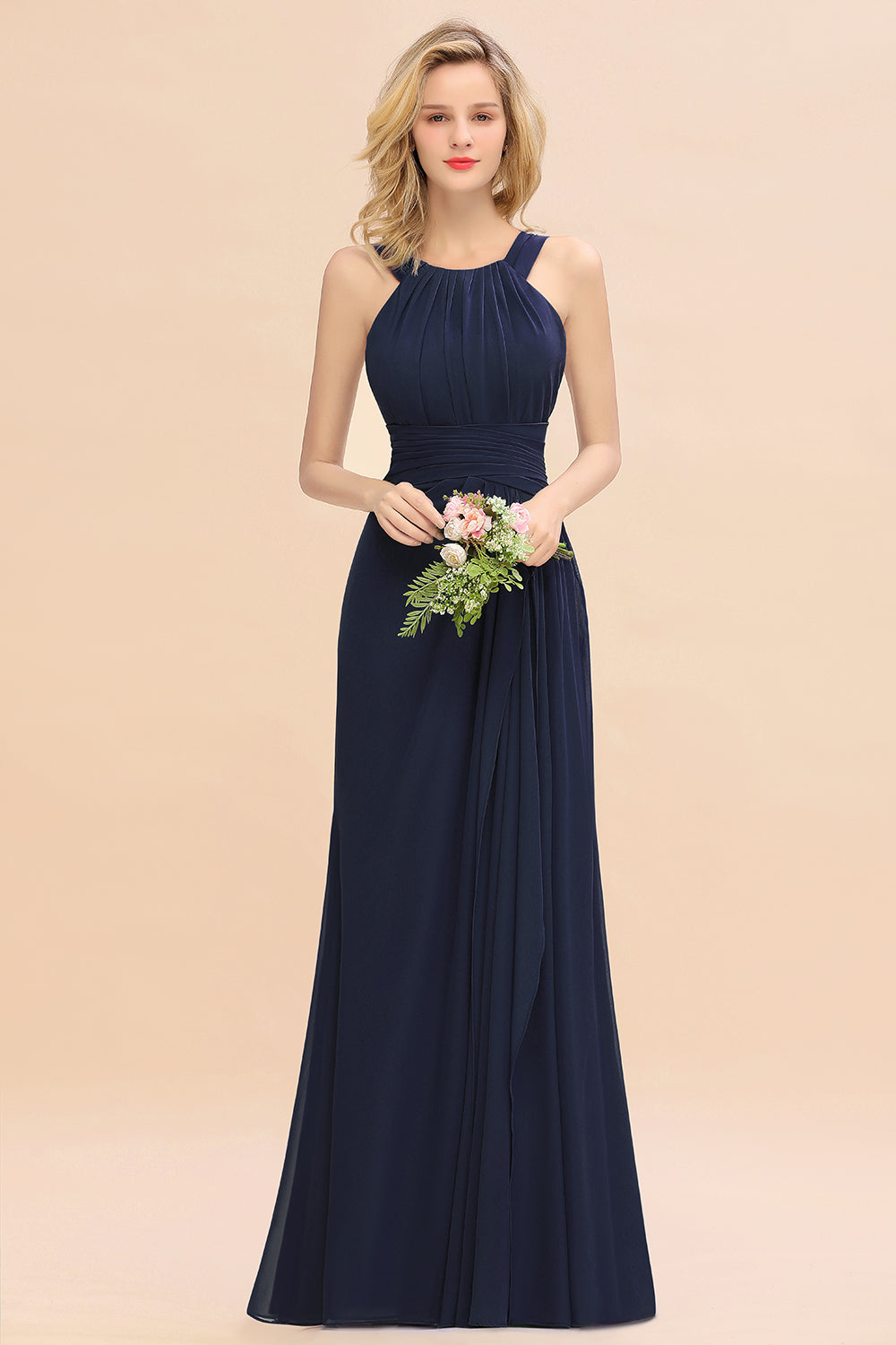 Elegant Round Neck Sleeveless Bridesmaid Dress with Ruffles-Babyonlines