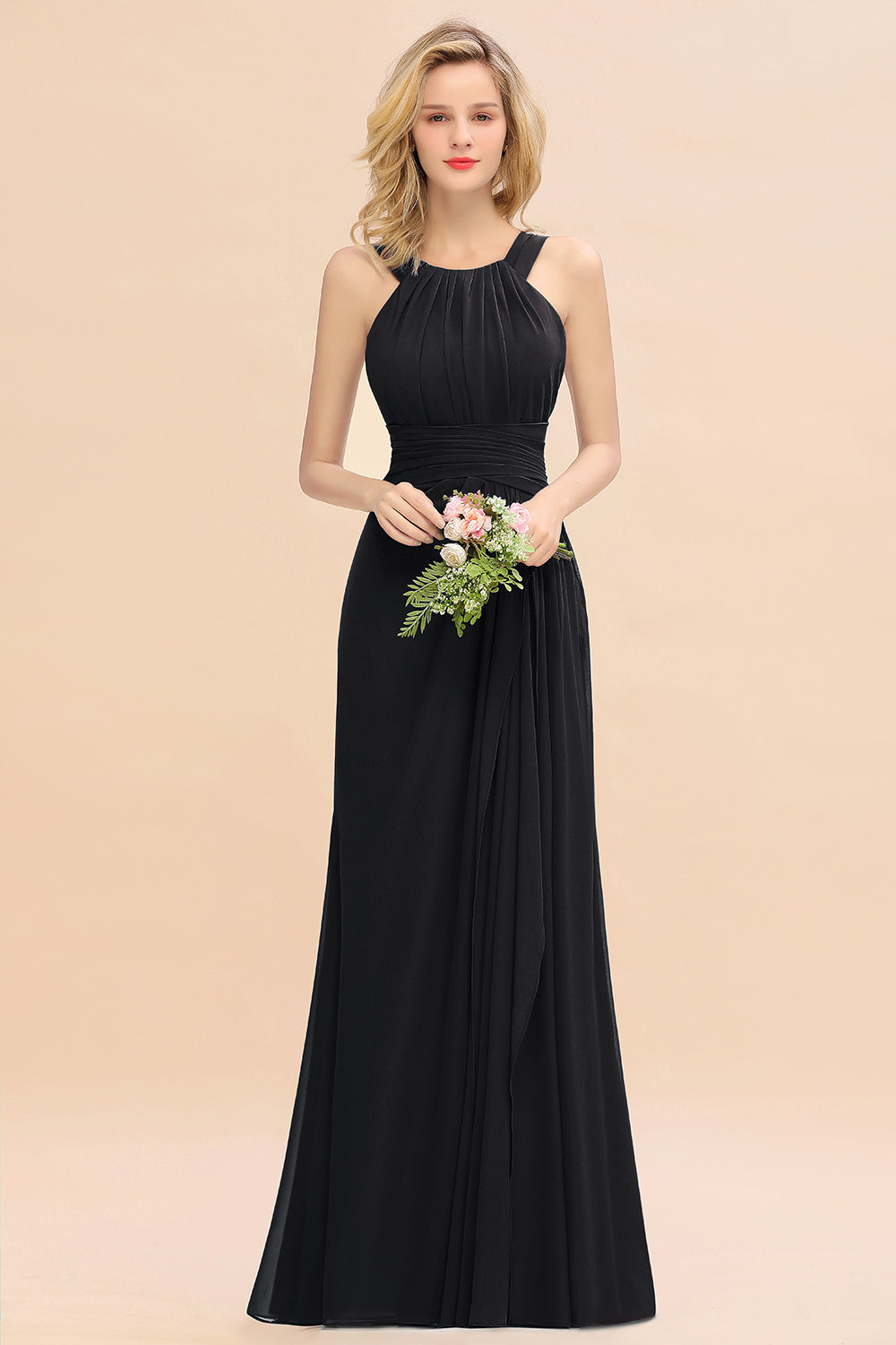 Elegant Round Neck Sleeveless Bridesmaid Dress with Ruffles-Babyonlines