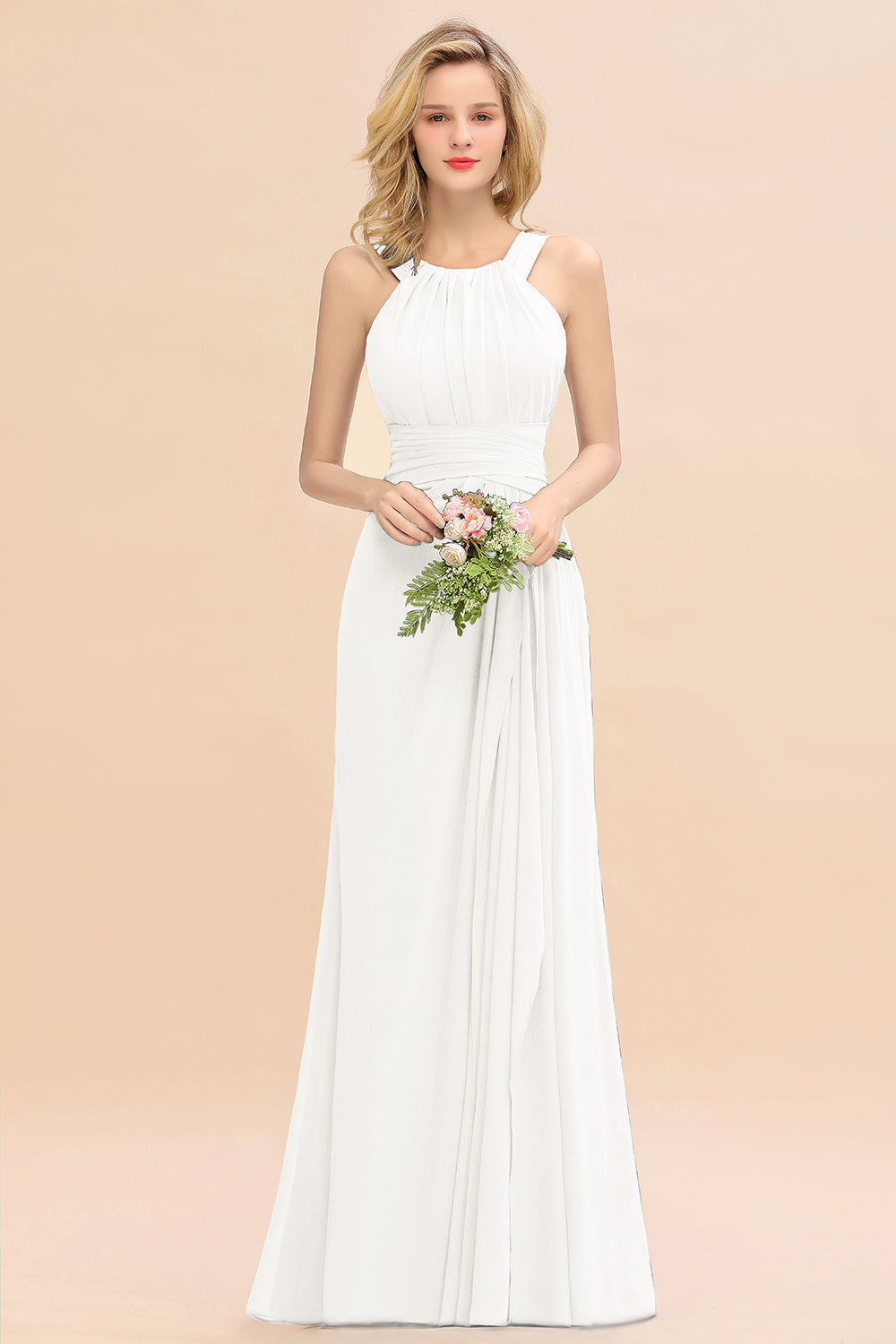 Elegant Round Neck Sleeveless Bridesmaid Dress with Ruffles-Babyonlines