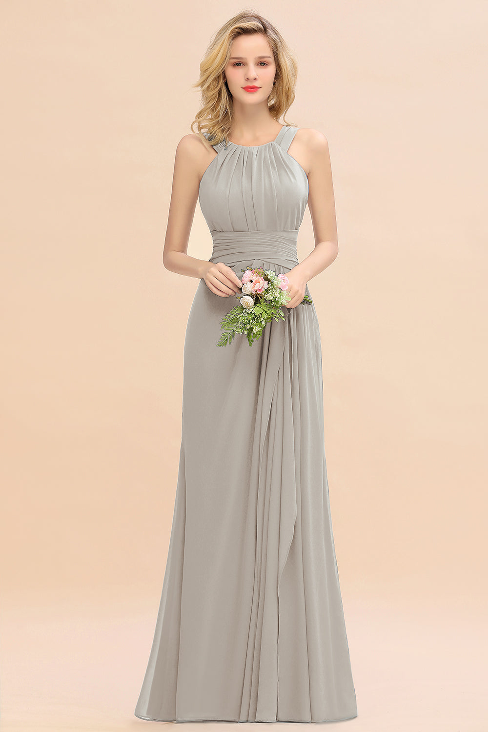 Elegant Round Neck Sleeveless Bridesmaid Dress with Ruffles-Babyonlines