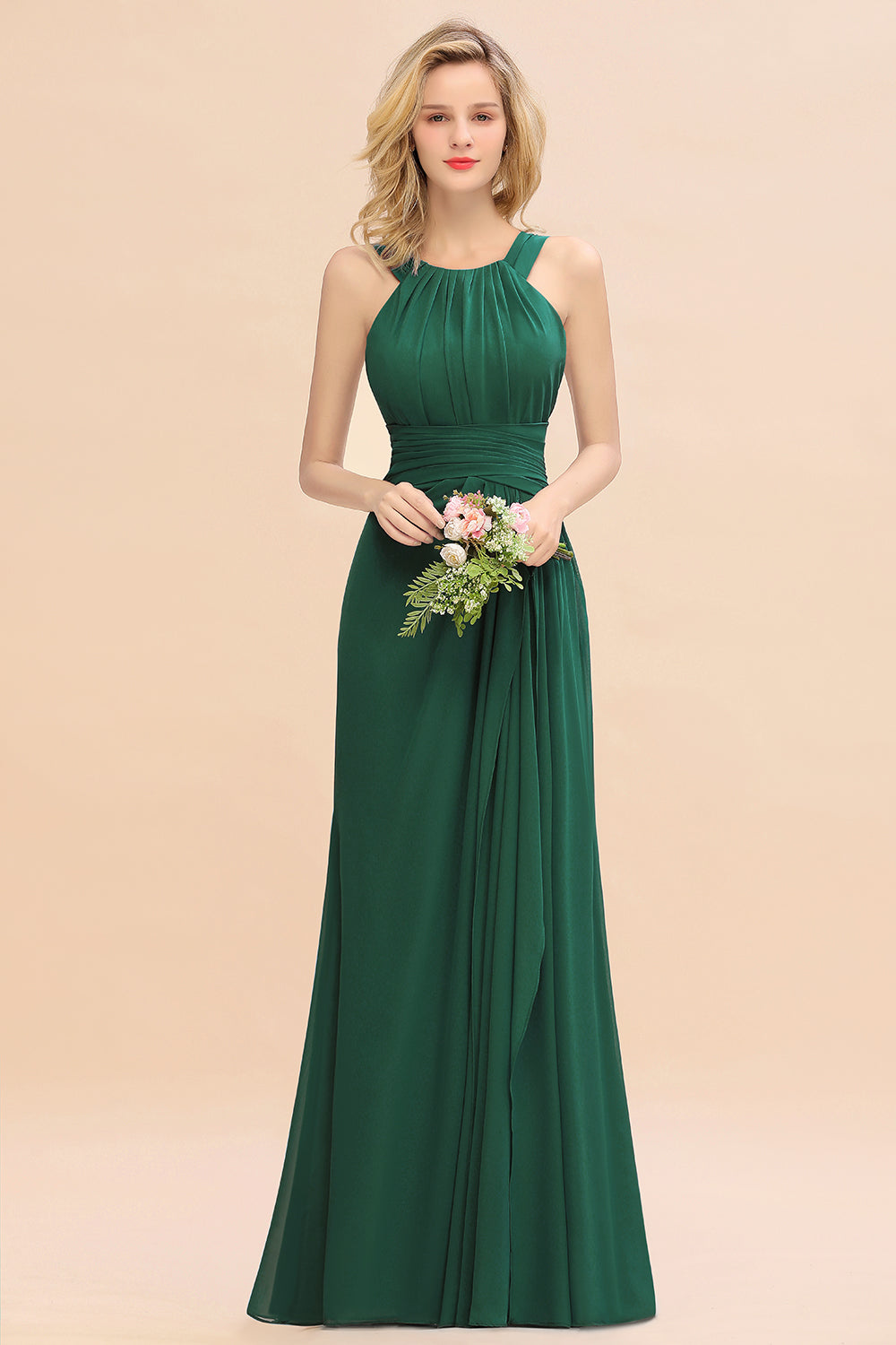 Elegant Round Neck Sleeveless Bridesmaid Dress with Ruffles-Babyonlines