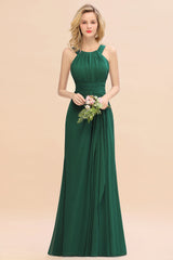 Elegant Round Neck Sleeveless Bridesmaid Dress with Ruffles-Babyonlines