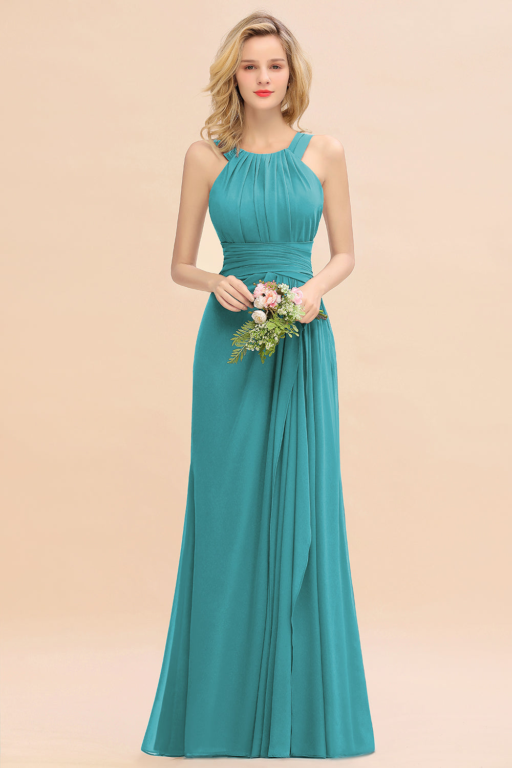 Elegant Round Neck Sleeveless Bridesmaid Dress with Ruffles-Babyonlines