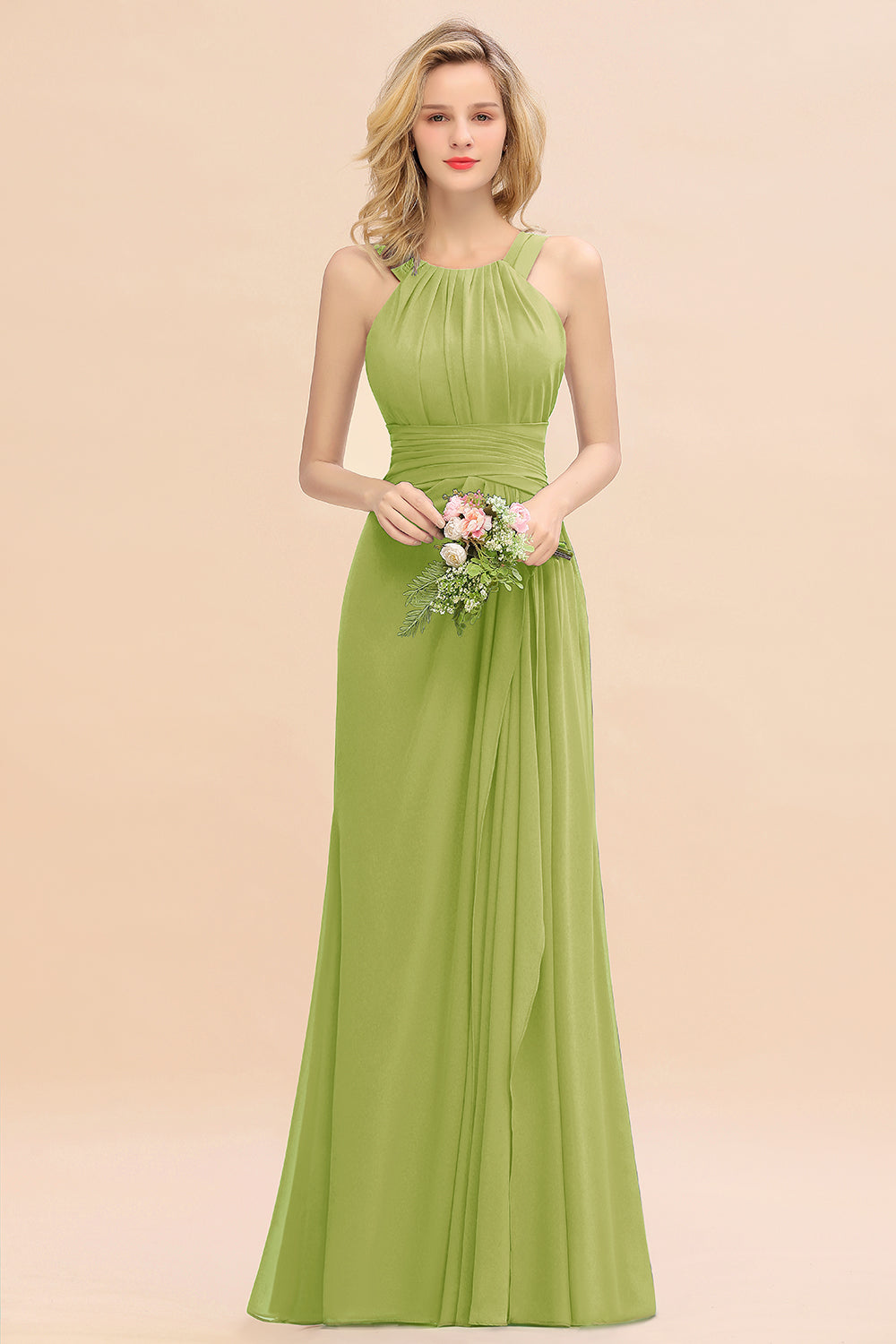 Elegant Round Neck Sleeveless Bridesmaid Dress with Ruffles-Babyonlines