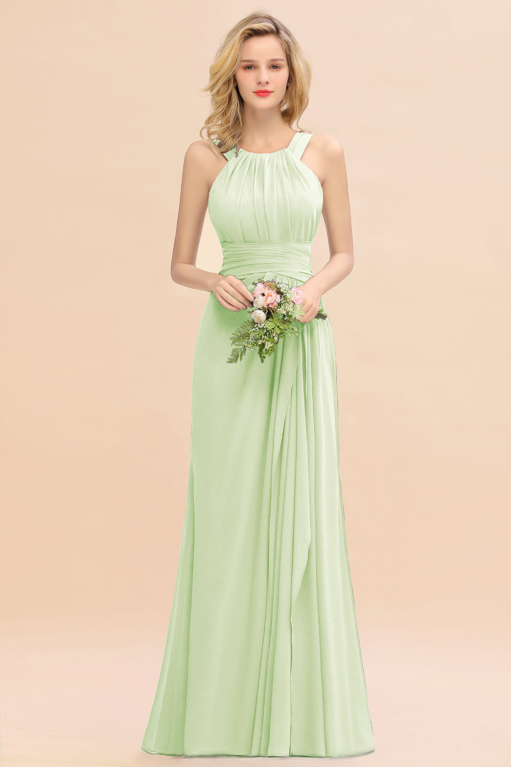 Elegant Round Neck Sleeveless Bridesmaid Dress with Ruffles-Babyonlines