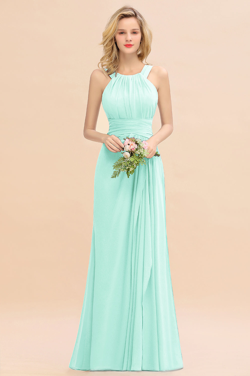 Elegant Round Neck Sleeveless Bridesmaid Dress with Ruffles-Babyonlines
