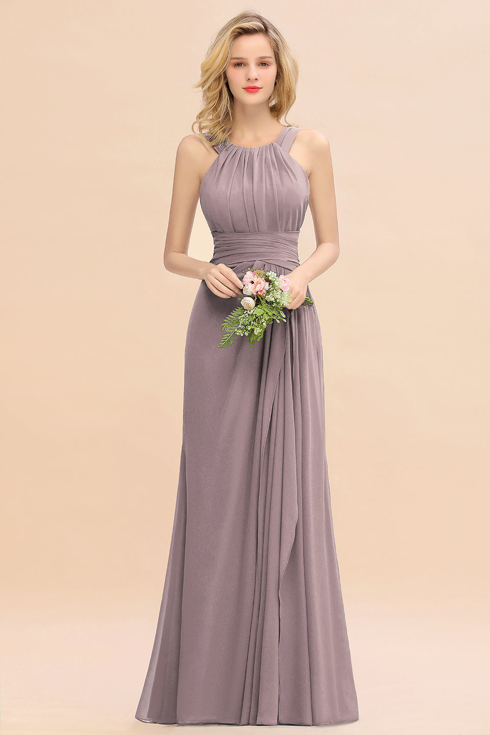 Elegant Round Neck Sleeveless Bridesmaid Dress with Ruffles-Babyonlines