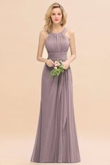 Elegant Round Neck Sleeveless Bridesmaid Dress with Ruffles-Babyonlines