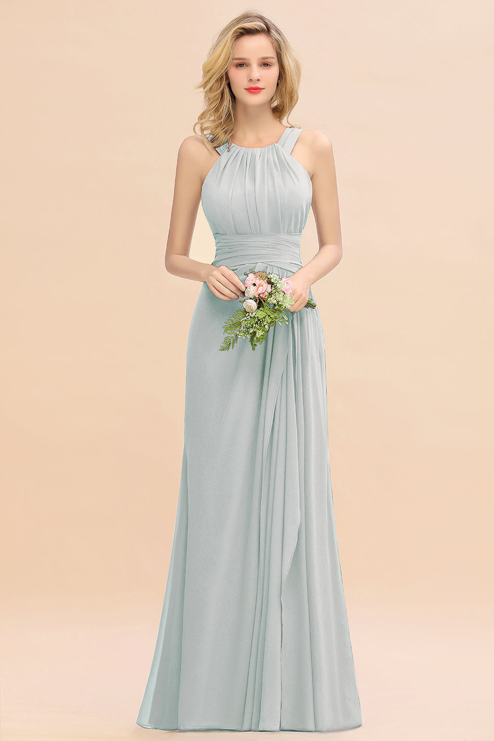 Elegant Round Neck Sleeveless Bridesmaid Dress with Ruffles-Babyonlines