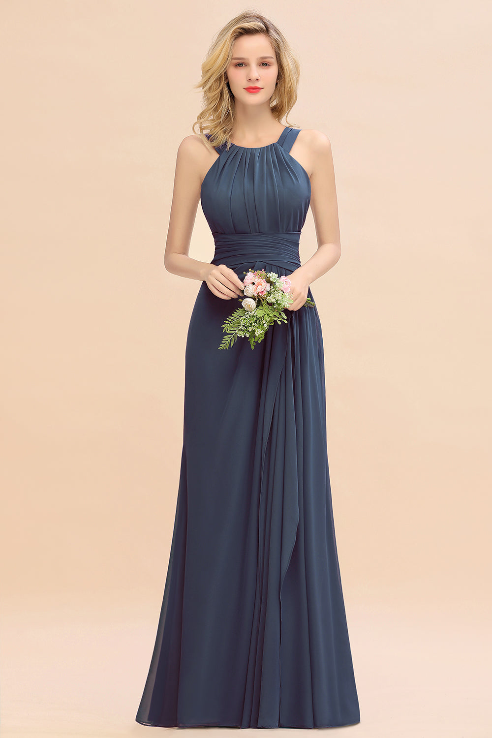 Elegant Round Neck Sleeveless Bridesmaid Dress with Ruffles-Babyonlines