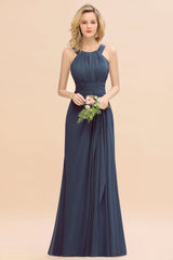 Elegant Round Neck Sleeveless Bridesmaid Dress with Ruffles-Babyonlines
