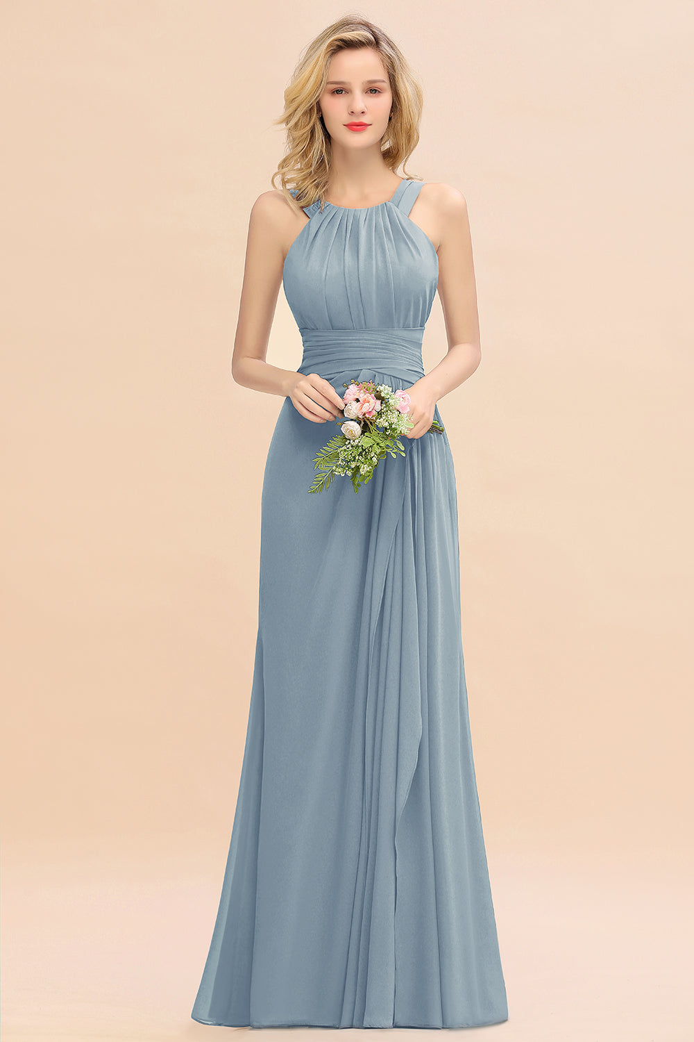 Elegant Round Neck Sleeveless Bridesmaid Dress with Ruffles-Babyonlines