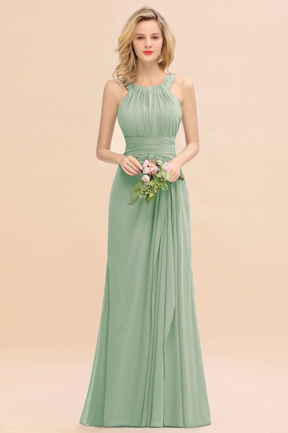 Elegant Round Neck Sleeveless Bridesmaid Dress with Ruffles-Babyonlines