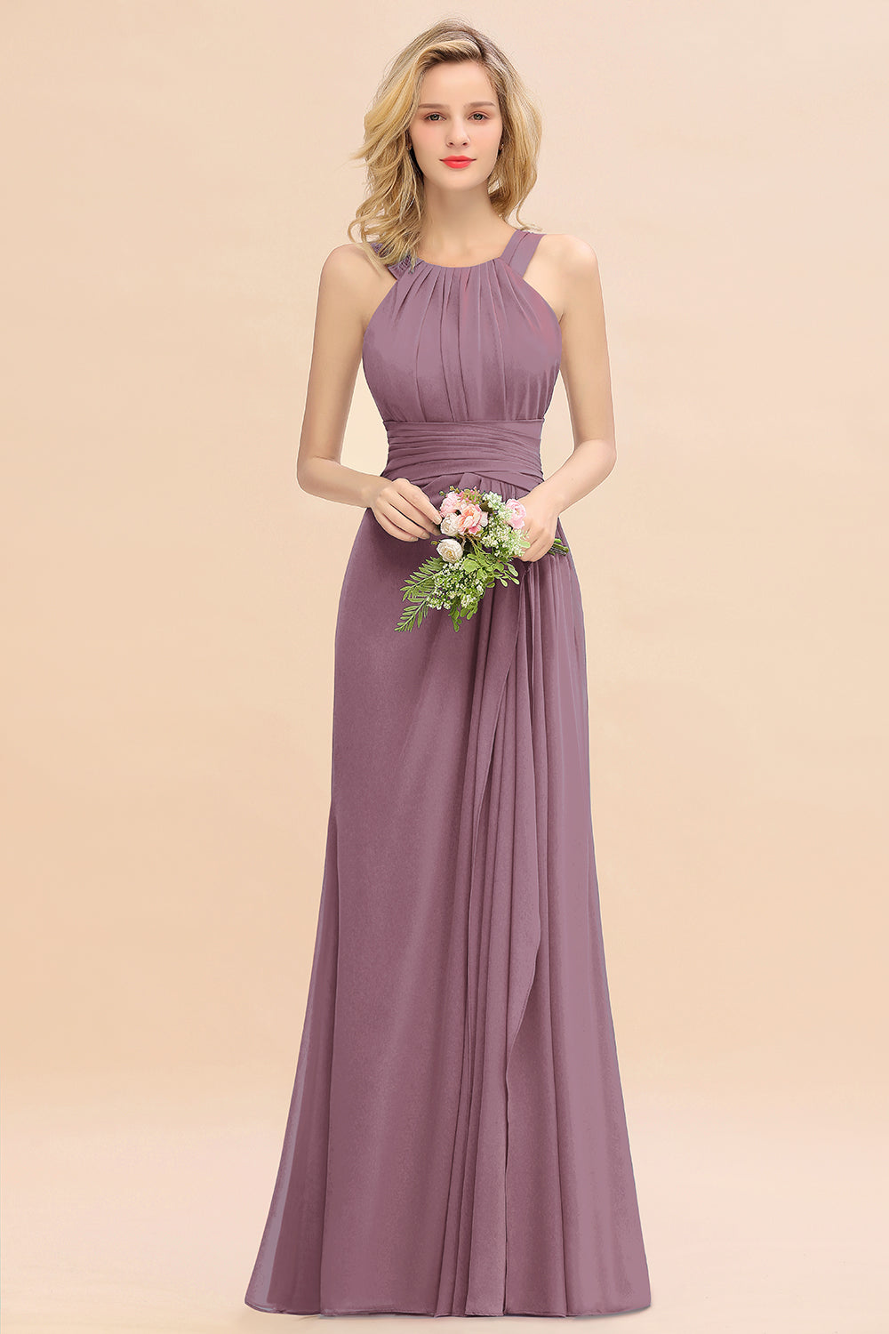 Elegant Round Neck Sleeveless Bridesmaid Dress with Ruffles-Babyonlines