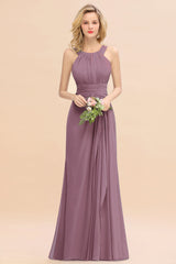 Elegant Round Neck Sleeveless Bridesmaid Dress with Ruffles-Babyonlines