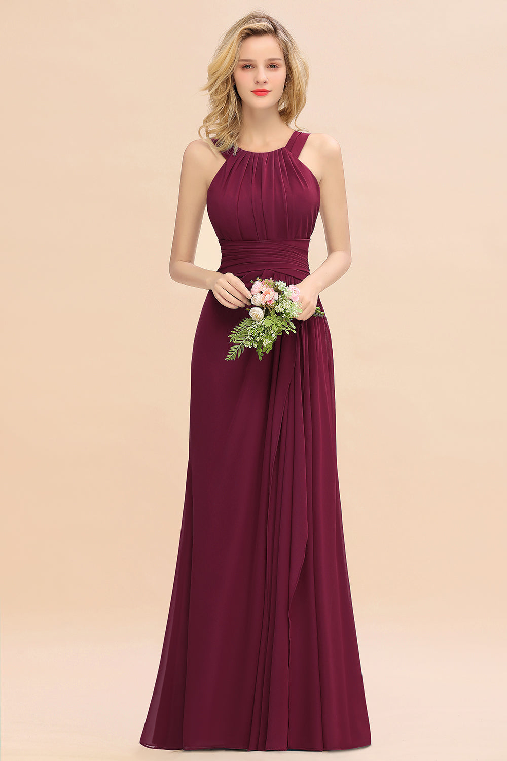 Elegant Round Neck Sleeveless Bridesmaid Dress with Ruffles-Babyonlines