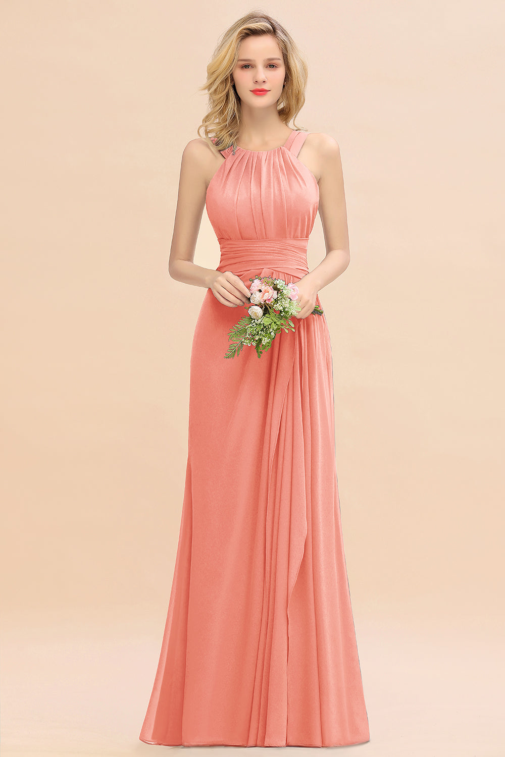 Elegant Round Neck Sleeveless Bridesmaid Dress with Ruffles-Babyonlines