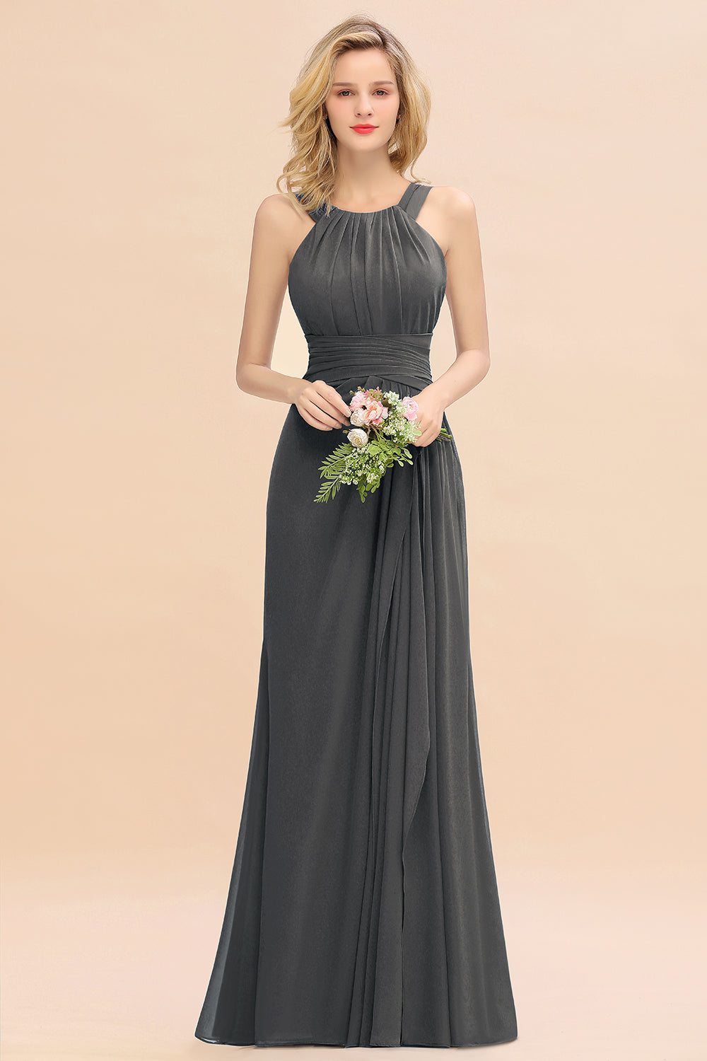 Elegant Round Neck Sleeveless Bridesmaid Dress with Ruffles-Babyonlines