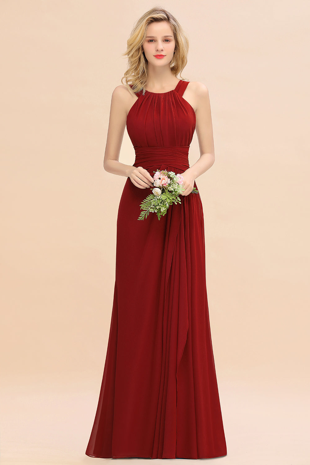 Elegant Round Neck Sleeveless Bridesmaid Dress with Ruffles-Babyonlines
