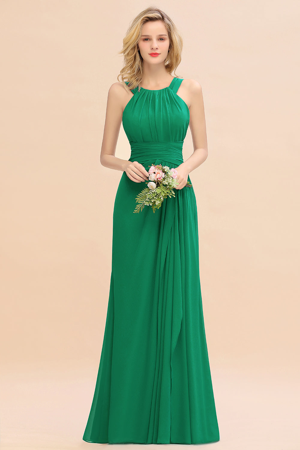Elegant Round Neck Sleeveless Bridesmaid Dress with Ruffles-Babyonlines