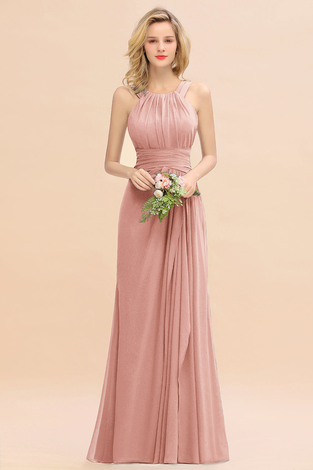 Elegant Round Neck Sleeveless Bridesmaid Dress with Ruffles-Babyonlines