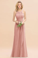 Elegant Round Neck Sleeveless Bridesmaid Dress with Ruffles-Babyonlines