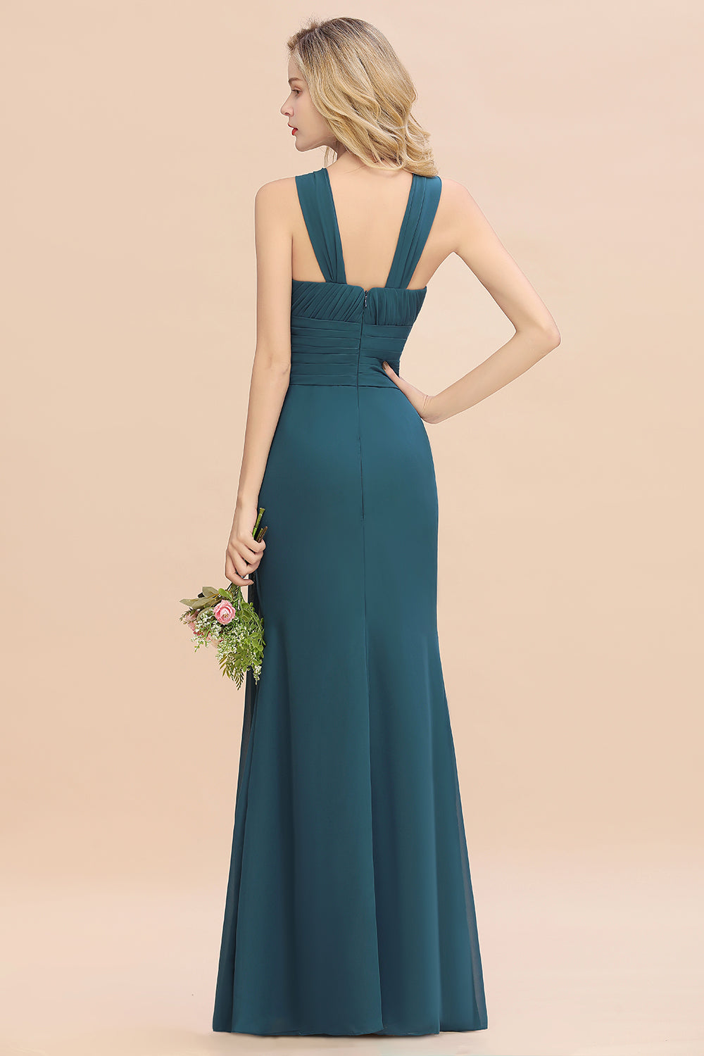 Elegant Round Neck Sleeveless Bridesmaid Dress with Ruffles-Babyonlines