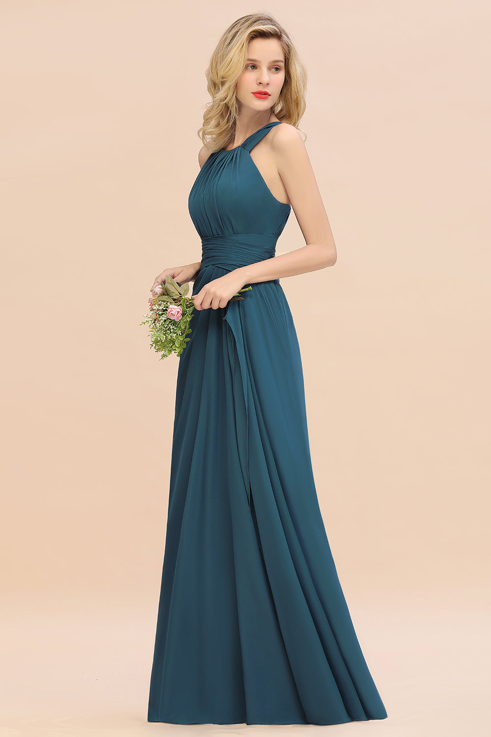 Elegant Round Neck Sleeveless Bridesmaid Dress with Ruffles-Babyonlines