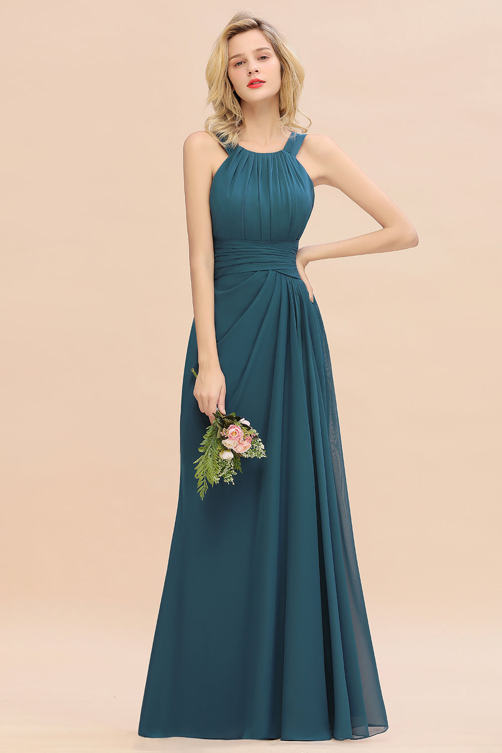 Elegant Round Neck Sleeveless Bridesmaid Dress with Ruffles-Babyonlines