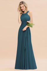 Elegant Round Neck Sleeveless Bridesmaid Dress with Ruffles-Babyonlines
