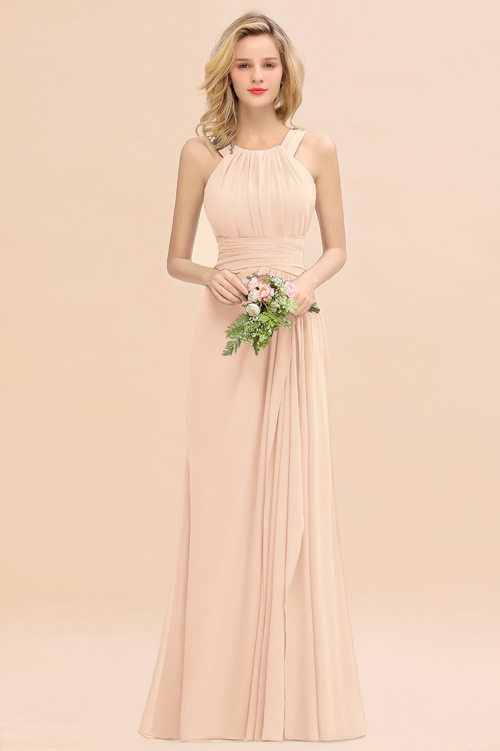 Elegant Round Neck Sleeveless Bridesmaid Dress with Ruffles-Babyonlines