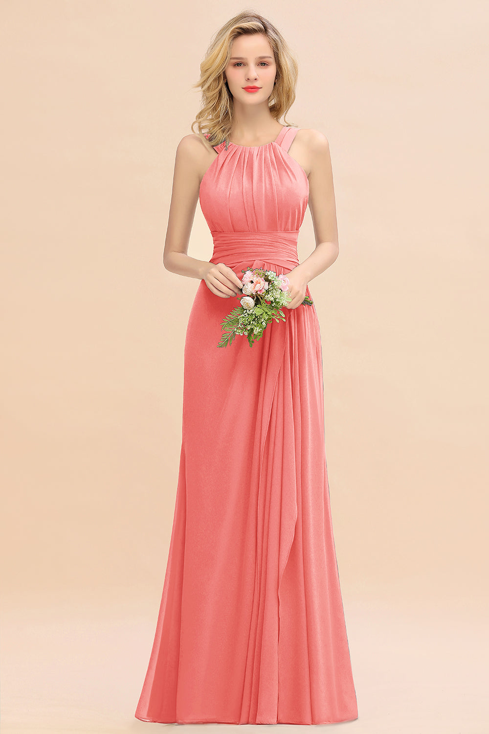 Elegant Round Neck Sleeveless Bridesmaid Dress with Ruffles-Babyonlines