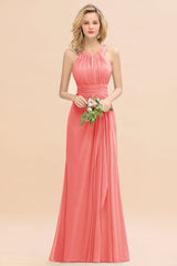 Elegant Round Neck Sleeveless Bridesmaid Dress with Ruffles-Babyonlines