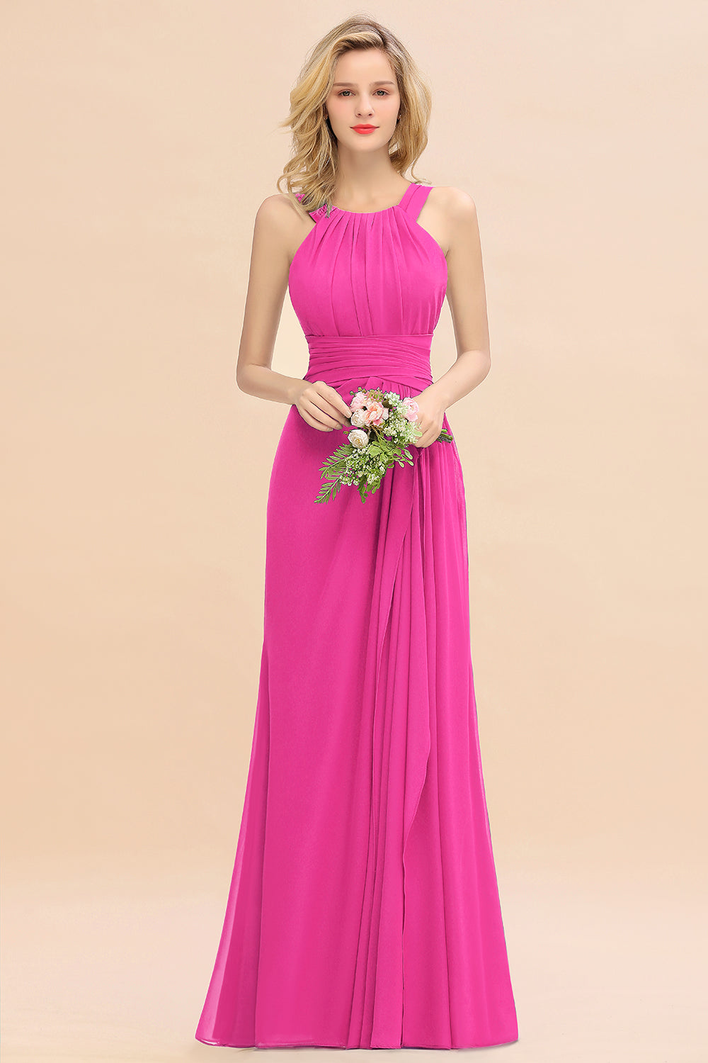 Elegant Round Neck Sleeveless Bridesmaid Dress with Ruffles-Babyonlines