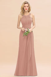 Elegant Round Neck Sleeveless Bridesmaid Dress with Ruffles-Babyonlines