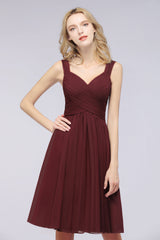 Elegant Ruffle Straps Short Burgundy Bridesmaid Dresses Online-Babyonlines