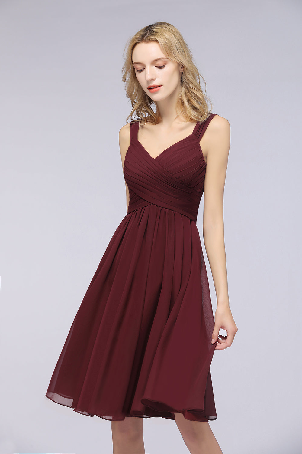 Elegant Ruffle Straps Short Burgundy Bridesmaid Dresses Online-Babyonlines