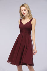 Elegant Ruffle Straps Short Burgundy Bridesmaid Dresses Online-Babyonlines