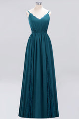 Elegant Spaghetti Straps Long Bridesmaid Dress Lace V-Neck Maid of Honor Dress-Babyonlines