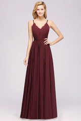Elegant Spaghetti Straps Long Bridesmaid Dress Lace V-Neck Maid of Honor Dress-Babyonlines