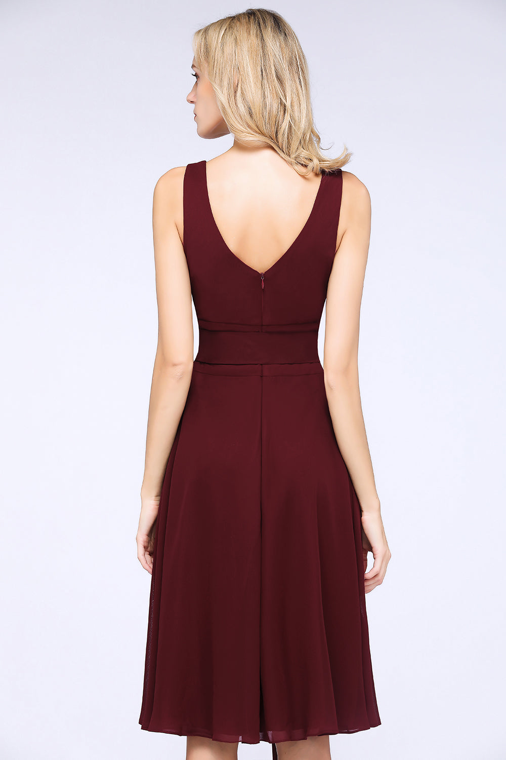 Elegant Straps V-Neck Ruffle Short Burgundy Bridesmaid Dress with Bow Sash-Babyonlines