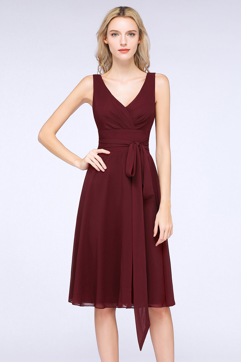 Elegant Straps V-Neck Ruffle Short Burgundy Bridesmaid Dress with Bow Sash-Babyonlines