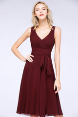 Elegant Straps V-Neck Ruffle Short Burgundy Bridesmaid Dress with Bow Sash-Babyonlines