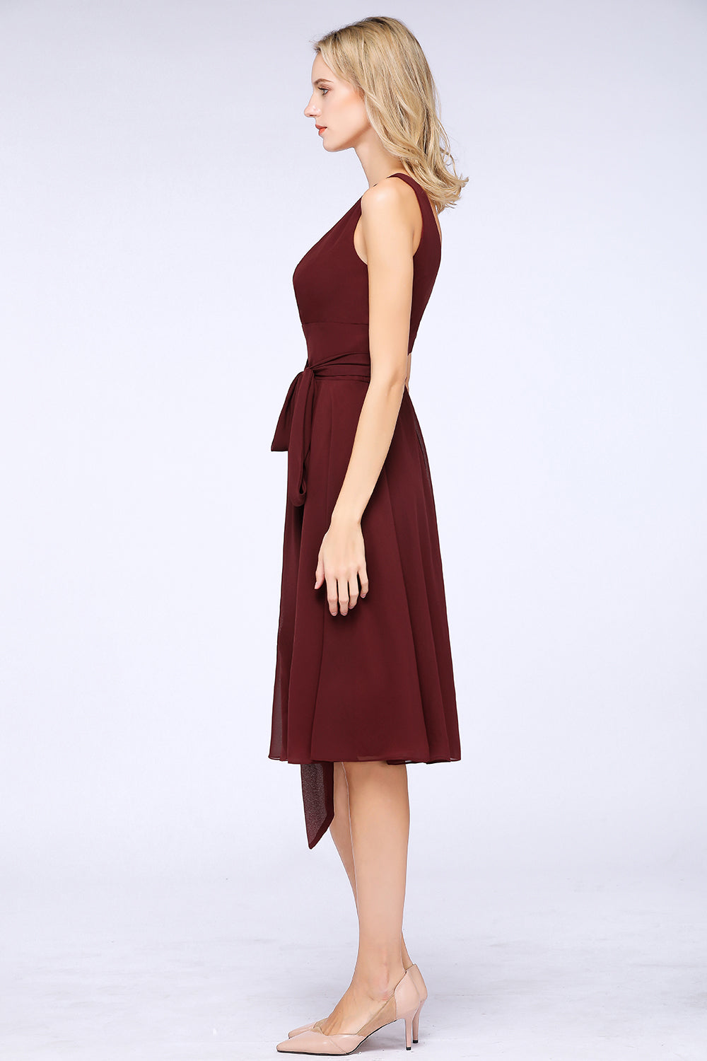 Elegant Straps V-Neck Ruffle Short Burgundy Bridesmaid Dress with Bow Sash-Babyonlines