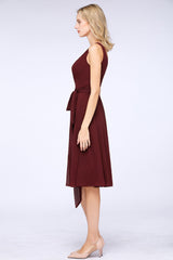 Elegant Straps V-Neck Ruffle Short Burgundy Bridesmaid Dress with Bow Sash-Babyonlines