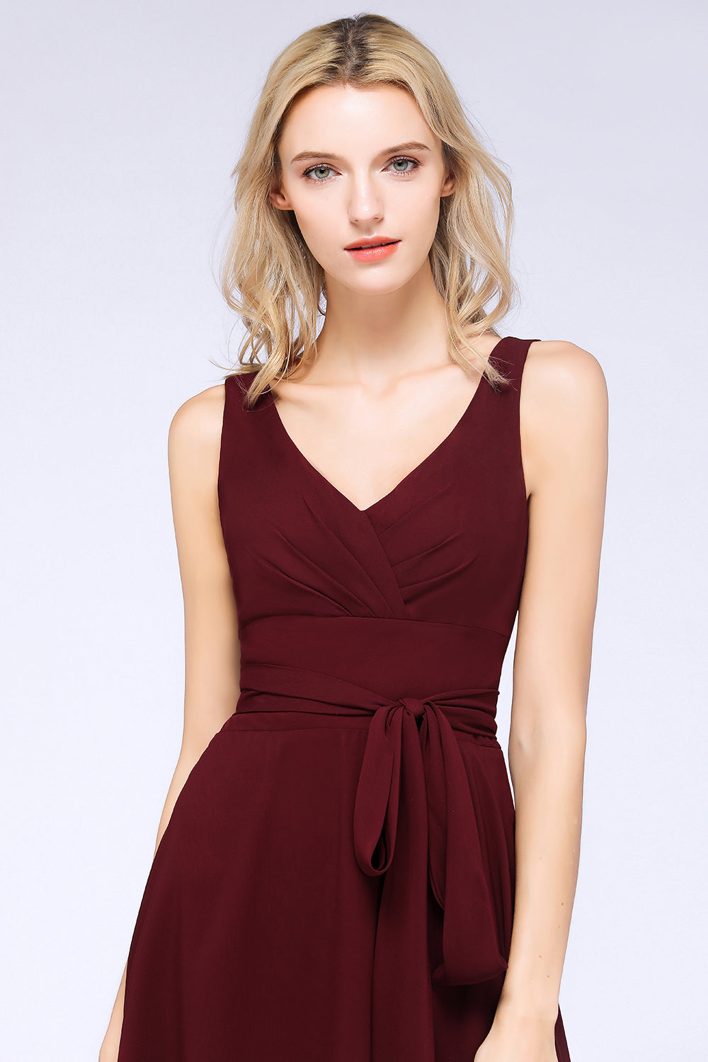 Elegant Straps V-Neck Ruffle Short Burgundy Bridesmaid Dress with Bow Sash-Babyonlines