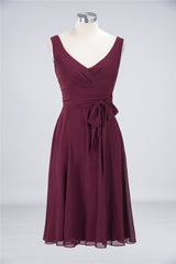 Elegant Straps V-Neck Ruffle Short Burgundy Bridesmaid Dress with Bow Sash-Babyonlines