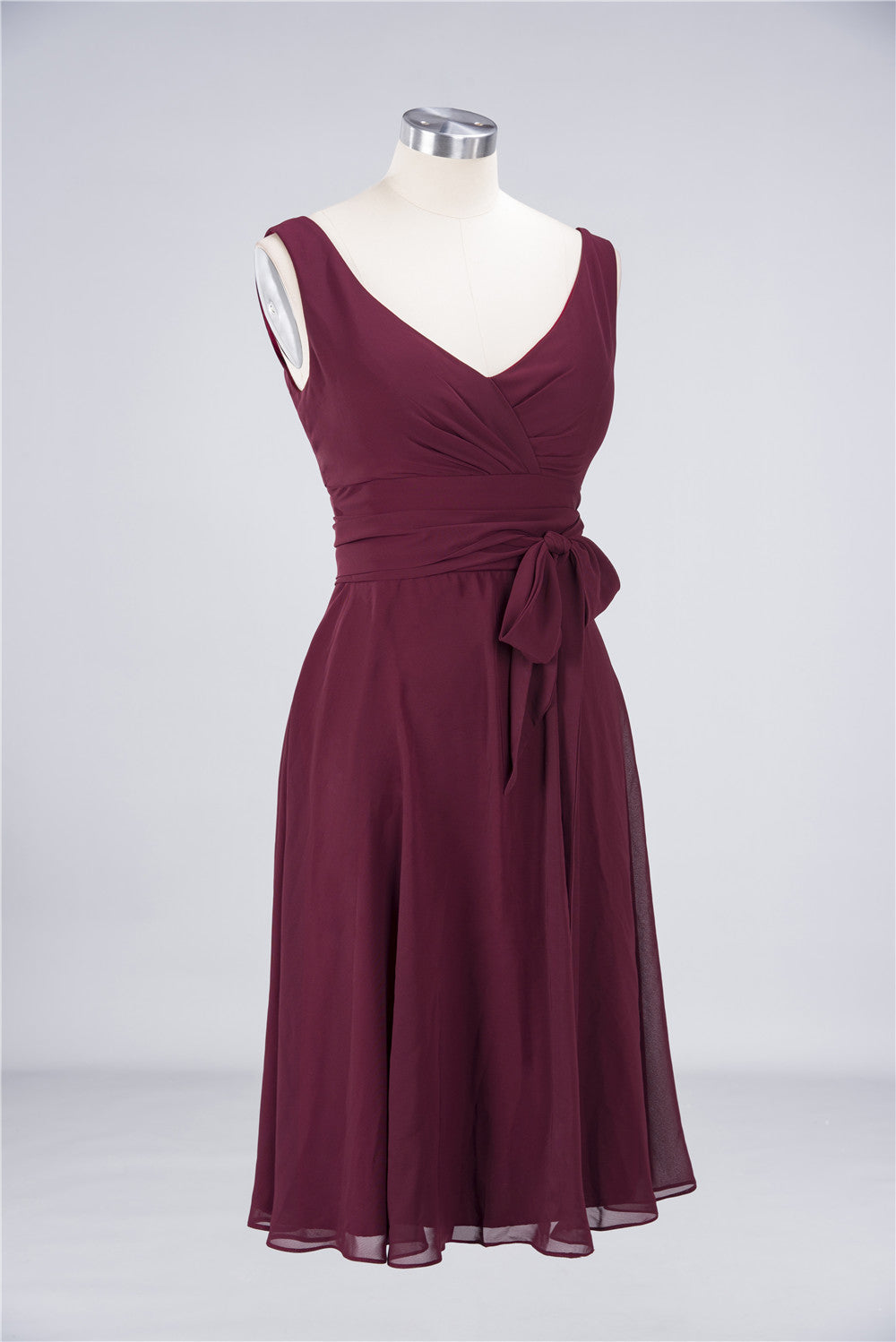 Elegant Straps V-Neck Ruffle Short Burgundy Bridesmaid Dress with Bow Sash-Babyonlines