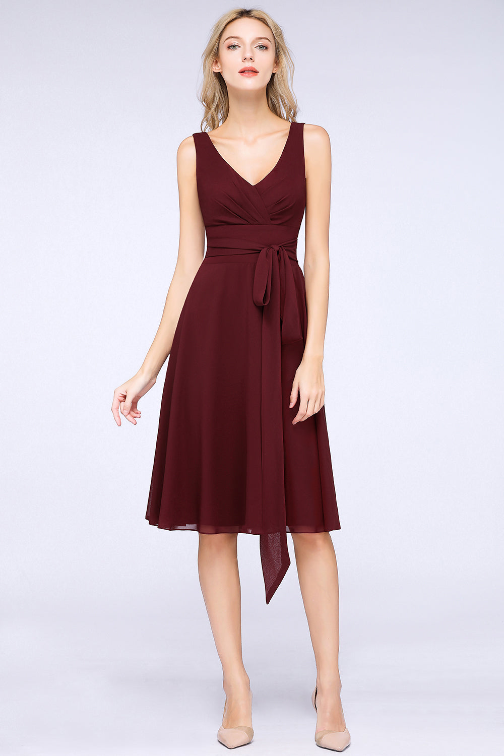 Elegant Straps V-Neck Ruffle Short Burgundy Bridesmaid Dress with Bow Sash-Babyonlines