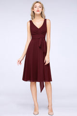 Elegant Straps V-Neck Ruffle Short Burgundy Bridesmaid Dress with Bow Sash-Babyonlines
